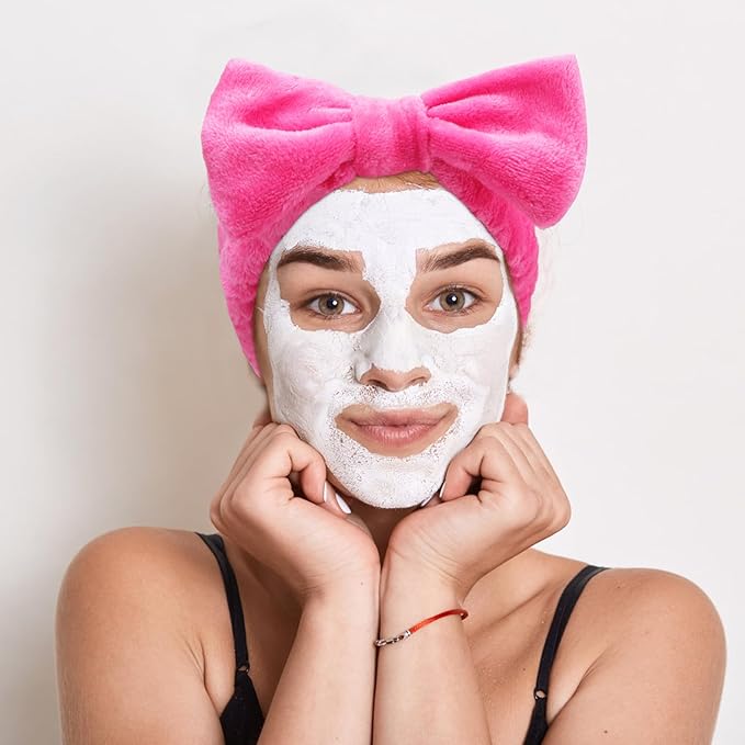 VELSCRUN 6 Pack Spa Headband, Makeup Headbands, Face Wash Headband, Skincare Headbands, Rose Pink Sponge Hair Band Bow Tie Spa Head Band for Washing Face Wristband Set Women Girls Hair Accessories