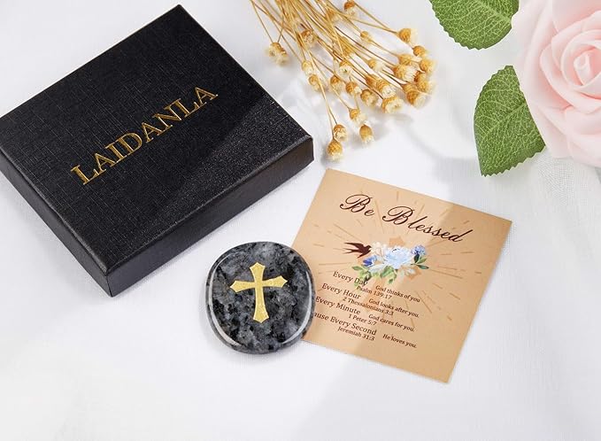 LAIDANLA Black Labradorite Cross Engraved Healing Crystal Worry Stones for Pray Faith Anxiety Relief Oval Palm Stone Polished Natural Crystal Gifts