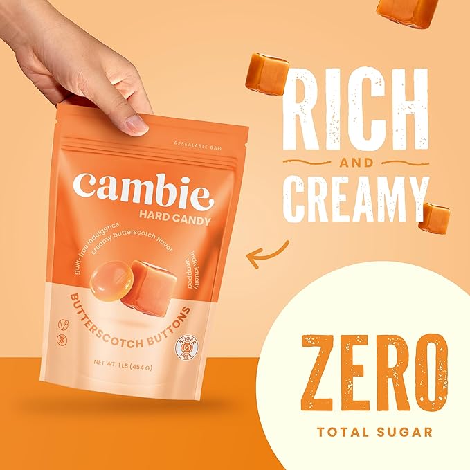 Cambie Sugar Free Butterscotch Hard Candy – 1 lb of Individually Wrapped Sugar Free Hard Candy, Smooth & Creamy Butterscotch Buttons, Keto & Diabetic Friendly