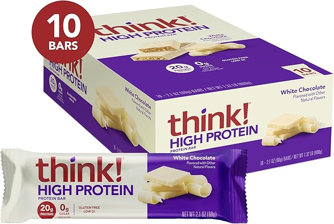 think! Protein Bars, High Protein Snacks, Gluten Free, Kosher Friendly, White Chocolate, Nutrition Bars, 2.1 Oz per Bar, 10 Count (Packaging May Vary)