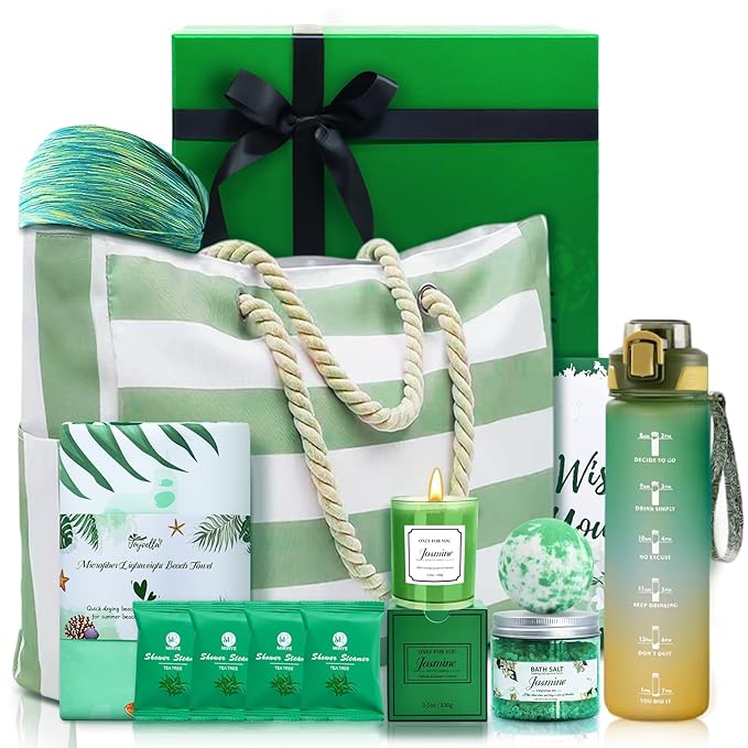 Self Care Gifts for Women - Inspirational Summer Sports Gifts Basket with Beach Bag, Beach Towel, Water Bottle and Spa Relaxation Essentials, Birthday Gifts for Her Wife Mom Sister Friends