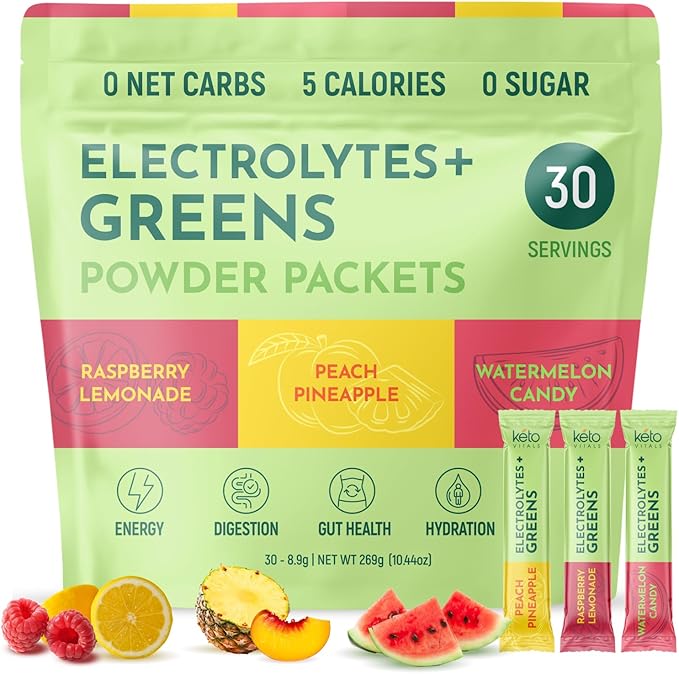 Keto Vitals Keto Electrolytes Plus Greens Superfood Powder Packets - 30 Servings Super Greens Powder Packets with Sugar Free Electrolytes for Hydration, Gut Health & Digestion - Organic Green Blend