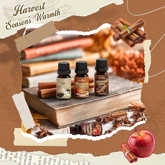 Spice Essential Oils for Diffuser for Home, SNOWSEN Aromatherapy Oil Set - Apple Cinnamon, Pumpkin Pie, Gingerbread, Coffee, Vanilla, Harvest Spice, Autumn Fragrance Oils Gift Set