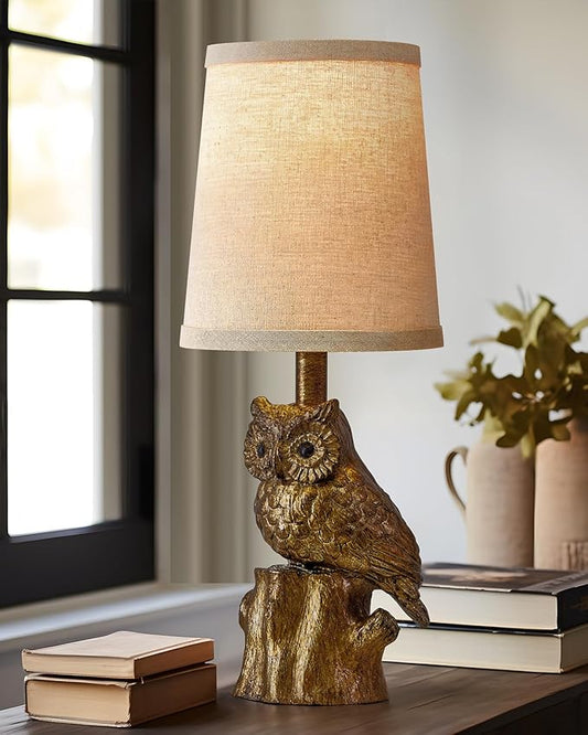 14.25" Small Table Lamp for Living Room Farmhouse Bedside Resin Single Lamp with Gold Owl Lamp Shape for Bedroom Retro Rustic Nightstand Lamp