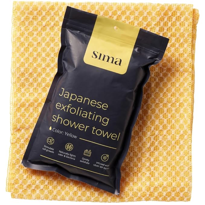 Exfoliating Washcloth Face & Body Scrub Towel - Japanese Exfoliating Towel with Hexagon Fibers, Body Scrubber with 2 Sides for Scrubbing & Washing, Extra Long Body Towel (Yellow)