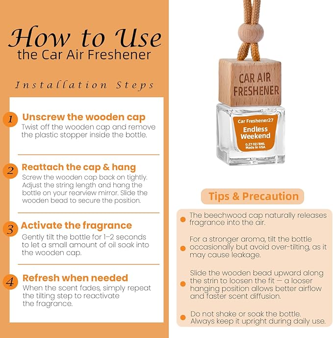 Car Air Freshener Hanging Diffuser – Long-Lasting Essential Oil Scent (Up to 60 Days) – Non-Toxic & Eco-Friendly – 2-Pack Auto Fresheners Made in USA