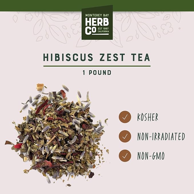 Monterey Bay Herb Co. Hibiscus Zest Tea – 1 lb Loose Leaf | Citrus & Floral Blend with Hibiscus, Lavender, Cloves & Licorice | Caffeine-Free Herbal Tea