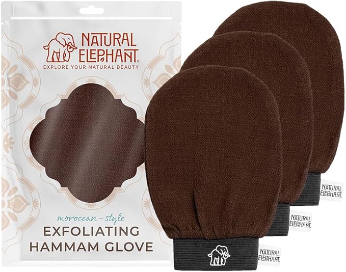 Natural Elephant Exfoliating Hammam Glove | Authentic Moroccan Kessa Body Scrub Mitt for Spa-Quality Skin Renewal | Chocolate Brown 3 Pack