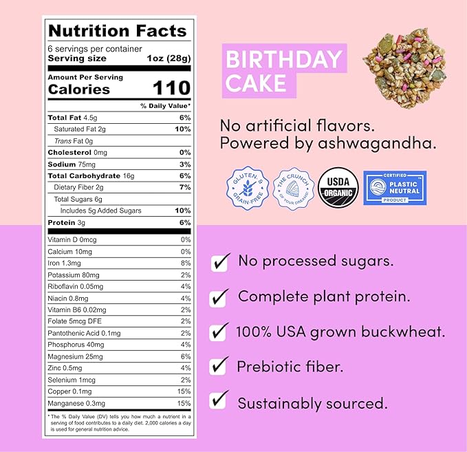 Clusterbucks Superfood Clusters – Grain-Free, Keto-Friendly Granola with Regeneratively Grown Sprouted Buckwheat– Gluten-Free, Low-Carb, Organic Healthy Snack (3-Pack, Birthday Cake)