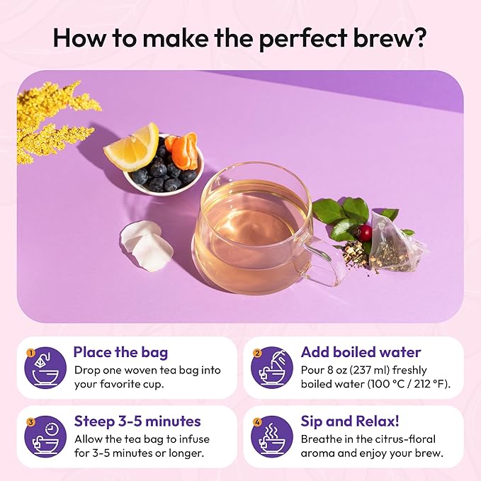 White Tea, Blueberry, Rosehip, Lemon, Tangerine, and Botanical Extracts Herbal Drink – Vegan, Kosher – Non-GMO & Low-Caffeine – Rich in Antioxidants – Breakfast Beverage for Healthy Glow (25 Tea Bags)