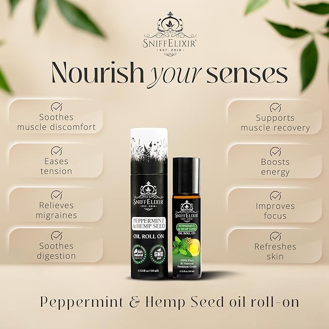 Peppermint Essential Oil Roll On with Hemp Seed Oil, Essential Oils Peppermint to Ease Headaches & Migraine, Used as Headache Stick, Oil Roller - Aromatherapy Gifts for Women and Men