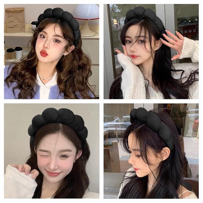Spa Headbands for Washing Face or Makeup, Sponge Bubble Skincare Headbands, Puffy Terry Cloth Hairband for Women, Skin Care Makeup Headwear Hair Accessories for Girls(Black)