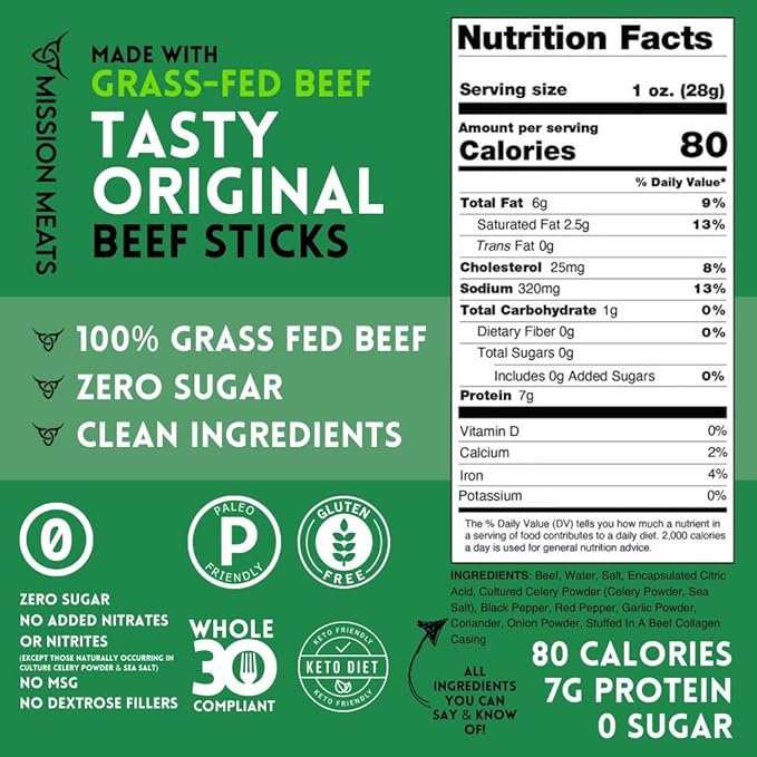 Mission Meats Beef Sticks – 100% Grass Fed & Pasture Raised, Zero Sugar, Gluten Free, Individually Wrapped Healthy Snacks, Whole 30 & Paleo Friendly, Original 1oz (Pack of 24)