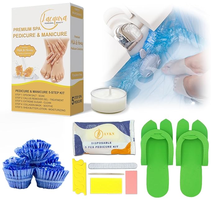 6-Step Foot Care System with Epsom Salt Soak, Callus Remover Gel, Sugar Scrub, Collagen Mask, Shea Butter Lotion, Massage Oil Candle + Disposable Pedicure Kit, Liner & Slippers. Milk & Honey 06 Set