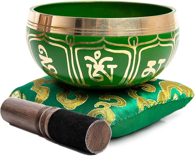 Tibetan Singing Bowl Set - Authentic Handcrafted Mindfulness Meditation Holistic Sound 7 Chakra Healing by Himalayan Bazaar (Emerald)
