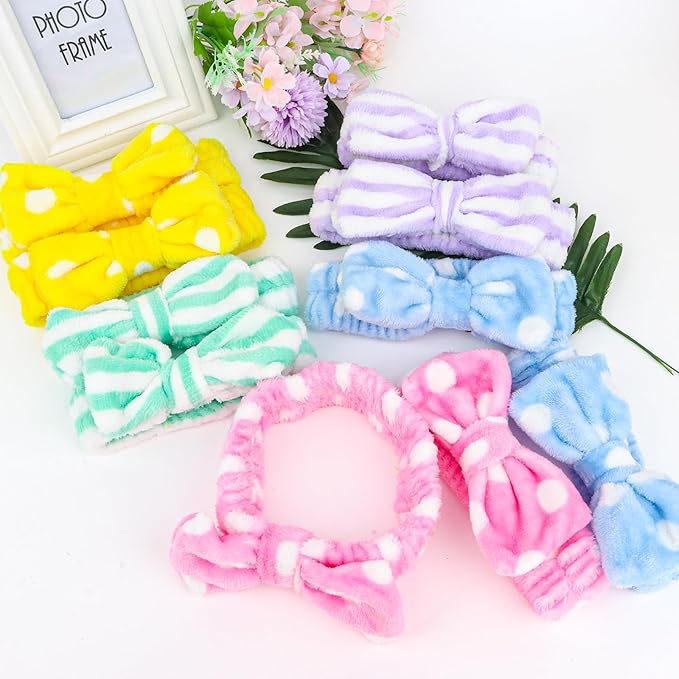 Casoty Spa Headbands - 10 Pcs Soft Coral Fleece Bow Headbands for Face Washing, Shower, Skin Care, Yoga