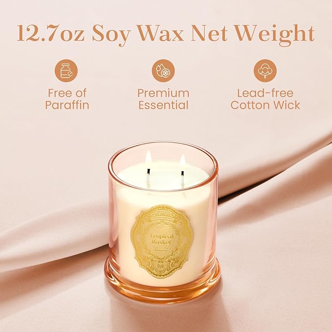 M&SENSE Tropical Basket Candles for Home Scented, 2 Wick 12.7oz Soy Wax Candles Non Toxic,70 Hours Long Burning,Luxury Candles Gift for Stress Relief, Meditation, Yoga