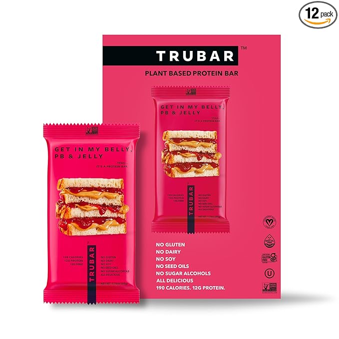 TRUBAR Vegan Protein Bar, Get In My Belly Pb & Jelly, Gluten Free, Plant Based, High Fiber, Dairy Free, Low Fat, Non GMO, No Sugar Alcohols, 12G Lean Protein, 13G Fiber, Healthy Snack Bars, 12 CT