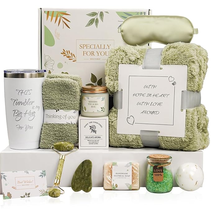 Self Care Gifts for Women – Spa Gift Basket with Blanket, Birthday Gifts, Get Well Soon Gifts, Relaxation Care Package for Mom, Wife, Sister, Friend