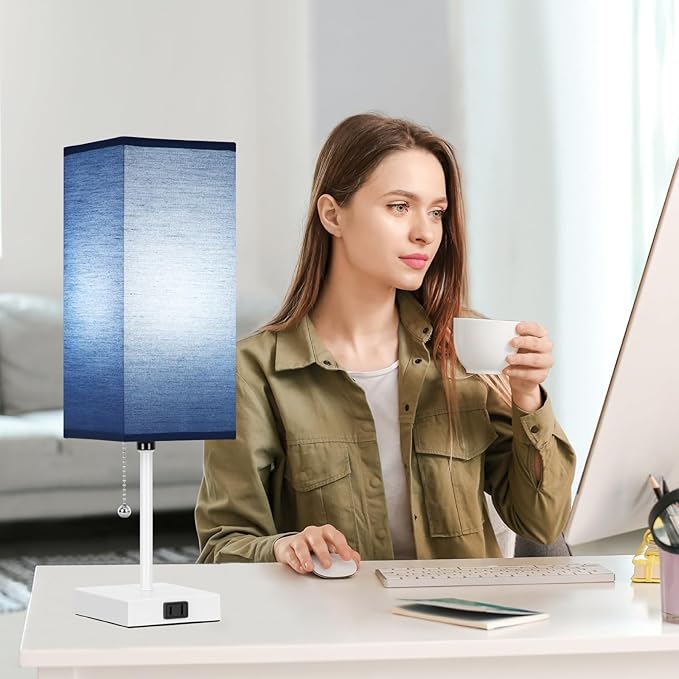 18'' Table Lamp for Bedroom set of 2,3-Color Bedside Lamps with Pull Chain Table Lamps for Night stands ,Small Night Light Lamps with 2 Bulbs Lamps for Living Room Kids Room Office Decor(Blue+White)