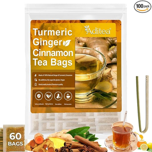 60 Bags Premium Turmeric Ginger Cinnamon Tea Bags Organic,100% Natural Ginger Turmeric Herbal Tea,Supports Digestion,Skin Health & Sleep,Veganism No Sugar, No Caffeine, No Gluten (1)