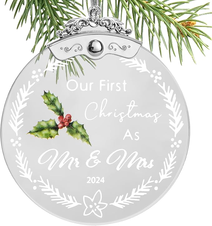 Christmas Tree Ornaments 3 Inch Clear Glass Blanks Round Print Ornament Christmas Hanging Decorative with Silver Ribbon (Mr & Mrs (2024))