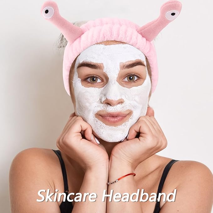 VELSCRUN Spa Headband, Makeup Face Wash Skincare Headbands, 5 Pcs Sponge Get Ready Snail Hairband Facial Wristband Hair Clip Set, Stuff for Teen Girls Women Trendy Hair Accessories Sakura Pink