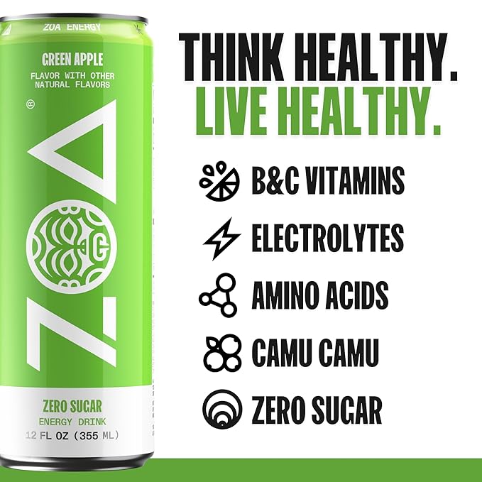 ZOA Zero Sugar Energy Drinks, Green Apple - Sugar Free with Electrolytes, Healthy Vitamin C, Amino Acids, Essential B-Vitamins, and Caffeine from Green Tea - 12 Fl Oz (12-Pack)