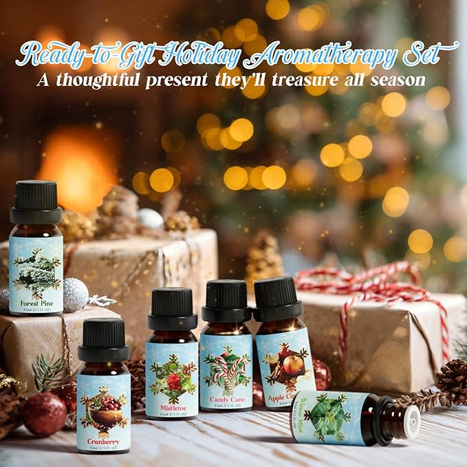 Holiday Fragrance Oil Set, Winter Essential Oils for Diffuser, Apple Cinnamon, Forest Pine, Candy Cane, Winter Mint, Cranberry, Mistletoe, Diffuser Oils Gift Set for Aromatherapy