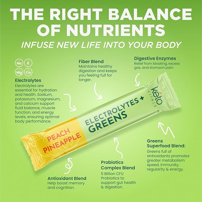 Keto Vitals Keto Electrolytes Plus Greens Superfood Powder Packets - 30 Servings Super Greens Powder Packets with Sugar Free Electrolytes for Hydration, Gut Health & Digestion - Organic Green Blend