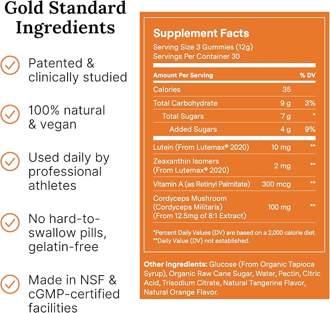 For Wellness Recovery Gummies | Tangerine Eye & Brain Support Supplements with Lutemax 2020®, Lutein, Zeaxanthin, Vitamin A & Cordyceps for Vision, Memory & Stress Support | Vegan, Non-GMO, 90 Count