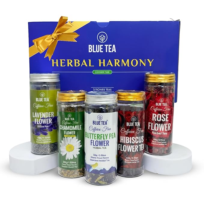 BLUE TEA - Flower Tea Combo - 5.64 Oz (Pack of 5) | Butterfly Pea, Rose, Hibiscus, Chamomile, Lavender | VARIETY PACK | Caffeine Free - Non-Bitter - Herbal Tea - Flower Based | Pet Jar Pack
