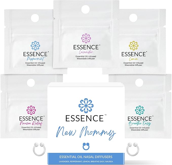 Essence Nasal Diffuser New Mommy Bundle – Essential Oil Silicone Nose Rings for Morning Sickness & Motion Sickness Support – Wearable Blends Pack for Pregnancy & Travel