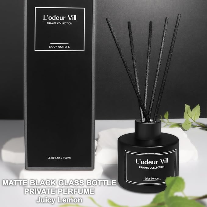 L'odeur Vill Reed Diffuser, 3.4oz(100ml) Juicy Lemon Reed Diffuser Set with 6 Oil Diffuser Sticks, Matte Black Aroma Scent Diffuser, Long Lasting Home Fragrance for Bathroom Shelf Decor