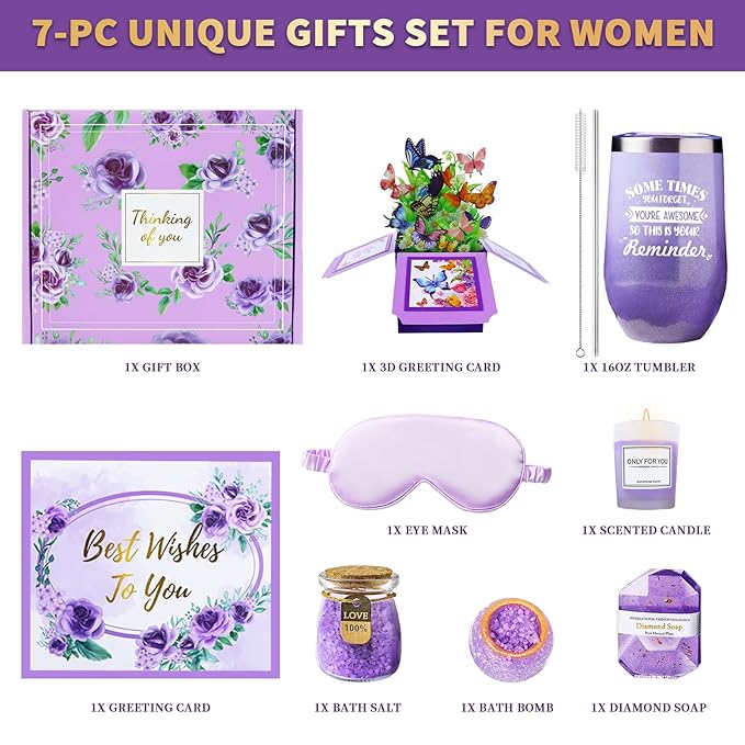 Birthday Gift for Women Spa Gift Set - Unique Get Well Soon Gifts for Women, Relaxing Self Care Package for Her, Christmas Gifts for Mom, Wife, Sister, Friend, Female Coworker (Lavender)