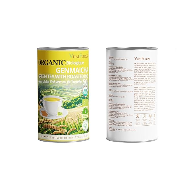 5.29oz Organic Genmaicha Green Tea with Roasted Rice, 50 Count, Unbleached, ECO-Conscious Genmaicha Tea Bags, VitalForest Roasted Green Tea Brown Rice Tea