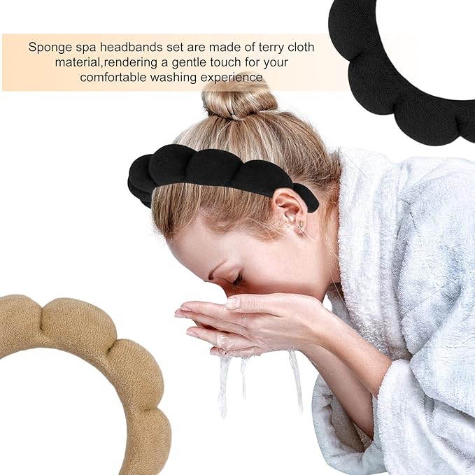 AMCAMI Puffy Spa Headband for Women Sponge Headbands for Girls 2 PCS Terry Towel Cloth Fabric Head Band for Skincare,Makeup Removal,Face Washing,Facial Mask,Shower,Hair Accessories(Black&Light Coffee)