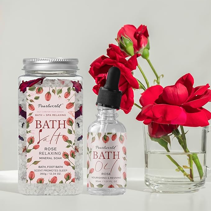 Rose Spa Gift Set for Women, Luxury 9 Pcs Bath Salts Set, Relaxation Gifts for Women, Self Care Set, Clean Moisturizing Skin, Gifts for Mom, Wife, Sister, Friend