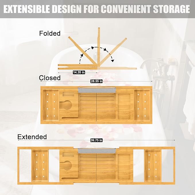 Bathtub Tray Caddy, Expandable Bath Trays for Tub, Bamboo Shelf & Table with Wine Glass Holder,Bathroom Accessories for New Home & Mothers Day & Birthday Gifts for Mom