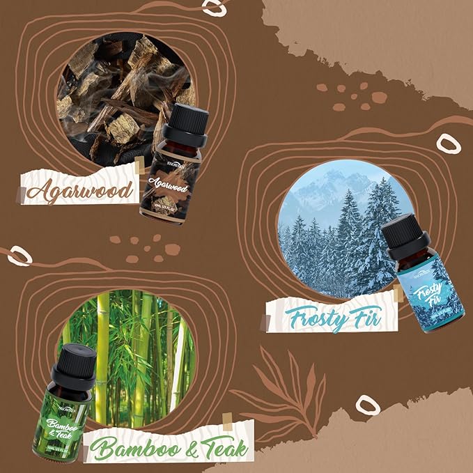 Woody Essential Oil Set, 6 Pure Wood Scents - Frankincense, Cedar, Sandalwood, Agarwood, Frosty Fir, Bamboo & Teak Essential Oils for Diffusers, Humidifiers, Cleaning, DIY Soaps & Candles