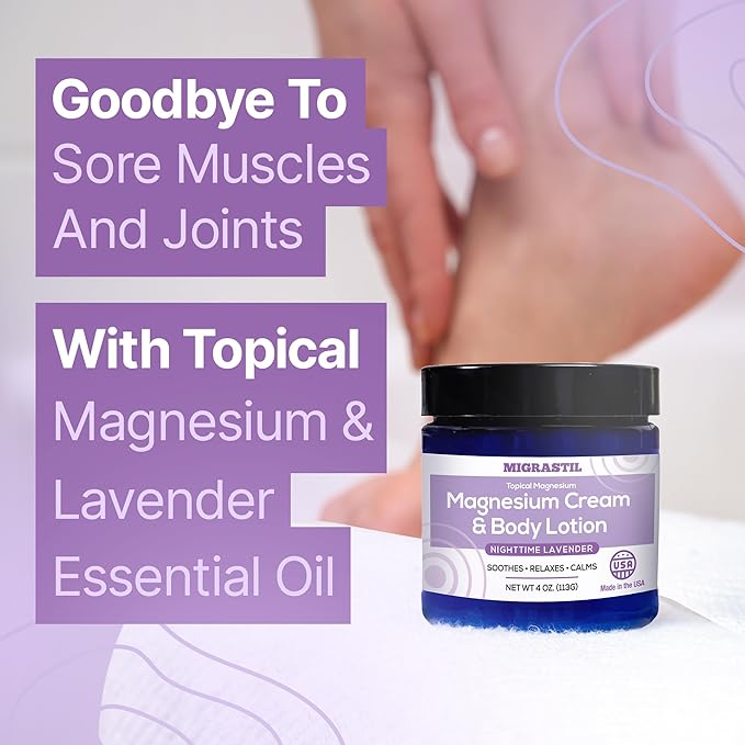 MIGRASTIL Nighttime Lavender Magnesium Cream & Non-Greasy Body Lotion. Extra Strength 250mg Magnesium Chloride for Muscle Relief, Leg Cramps, Relaxation and Sweet Sleep. Vegan, Made in the USA.
