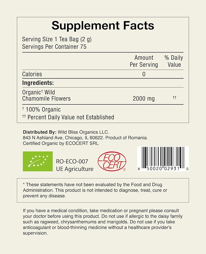 Wild Bliss Organic Chamomile Tea - Caffeine Free Calming Herbal Support - Pharmacopoeia Potency - 75 Plant Based Tea Bags