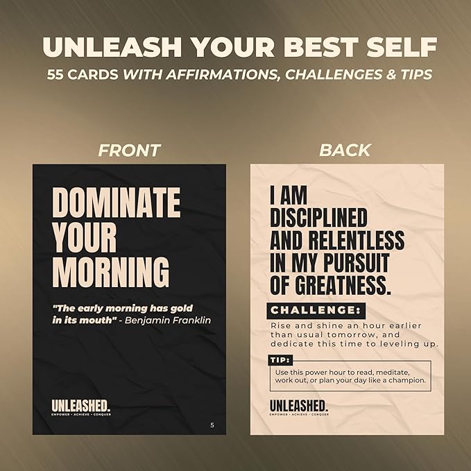 Daily Affirmation Cards to Unleash Your Best Self - 55 Cards with Empowering Quotes, Challenges & Practical Tips | Personal Growth Gift Idea for Driven Men & Women for Birthday, New Job, Christmas