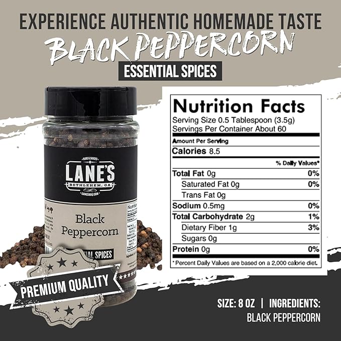 Lane's Whole Black Peppercorns, 8 Oz, All-Natural Whole Peppercorns for Grinder Refill, Black Pepper Corns Spice Seasoning, Made in USA