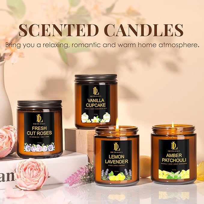 4 Pack Candles for Home Scented, 28 oz Soy Aromatherapy Candle Set, Mother's Day Candle Gifts for Women, Scents of Fresh Cut Roses/Lemon Lavender/Vanilla Cupcake/Amber Patchouli