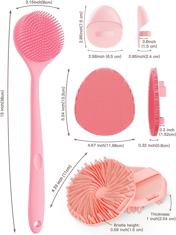Manmihealth Silicone Back Scrubber & Soft Bath Glove Set 4 PCS(Thin Bristles), Super-Exfoliating Body Scrubber & Super-Lathering Shower Face Brush Combination, with 2 Free Hooks (Pink)