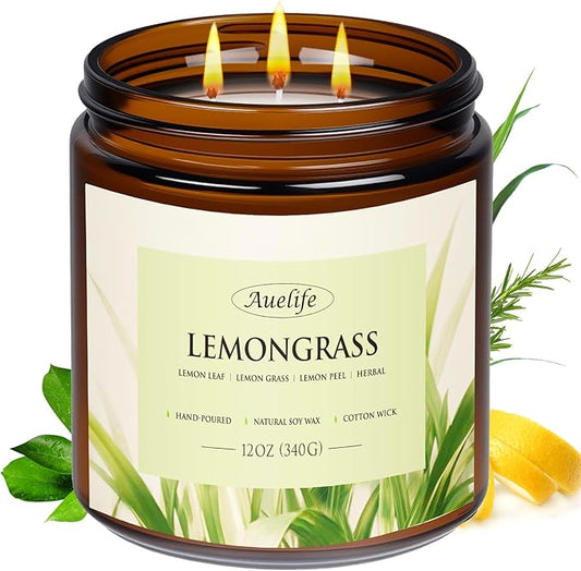 Lemongrass Scented Candle | 3-Wick Jar Candle - 12oz Natural Soy Wax - Citronella Scent for Indoor Outdoor Use, Long Lasting Aromatherapy Gifts for Fathers Day, Summer, 50+ Hour Burn