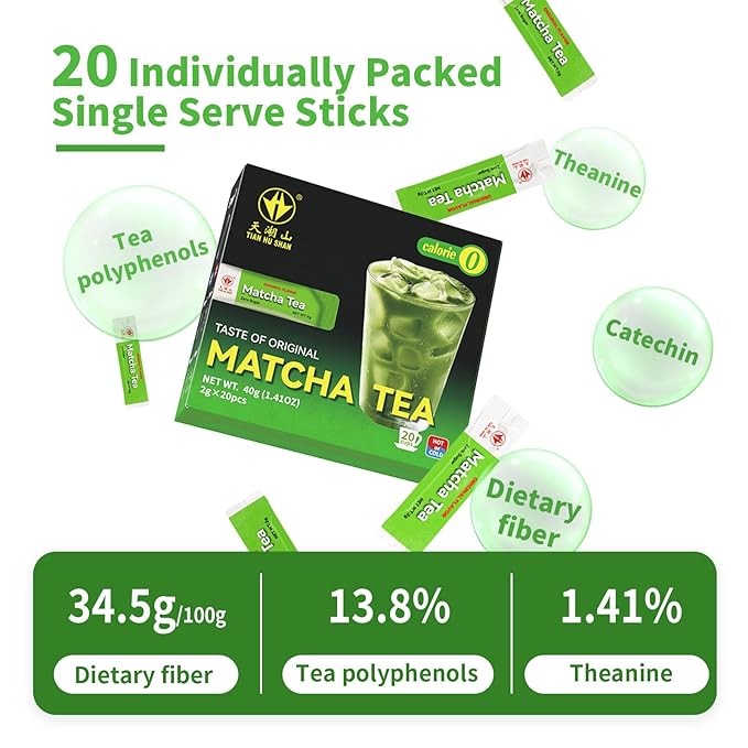 TIAN HU SHAN Matcha Green Tea Sticks, Portable Matcha Powder Unsweetened No Additives, Suger Free, Single Serve 20 Count