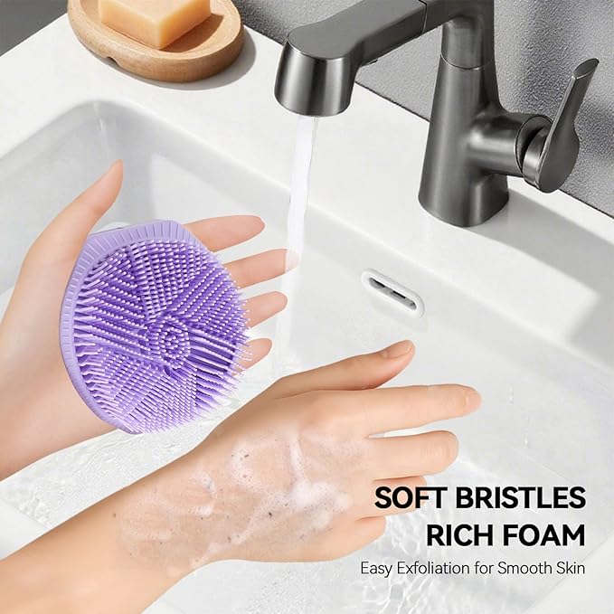 2-Pack Soft Silicone Dual-Sided Body Scrubber & Loofah | Gentle Exfoliating Shower Brush for Men & Women | Creates Rich Lather, Easy to Clean (Gray & Purple)