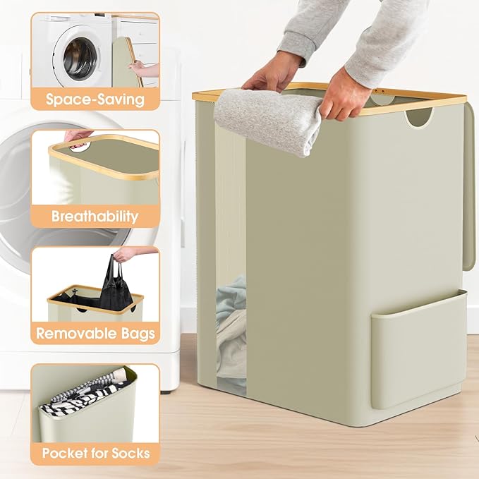 Laundry Basket Clothes Hamper with Lid and Pocket Large Collapsible Laundry Baskets with Handle, Freestanding Hampers for Bedroom Aesthetic, Dorm, Bathroom, Laundry Room (150L, Beige)
